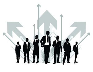 silhouettes of business people with an arrow background