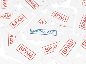 Important email message among spam letters. 3d illustration.