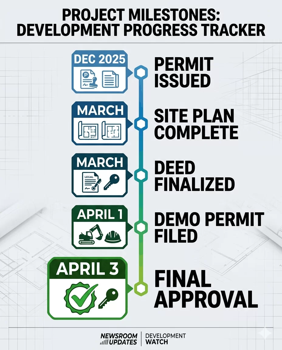 Timeline infographic titled 'Project Milestones: Development Progress Tracker' showing milestones from Dec 2025 to Apr 3, with icons (permit, site plan, deed, demo permit, final approval) along a colored vertical line.