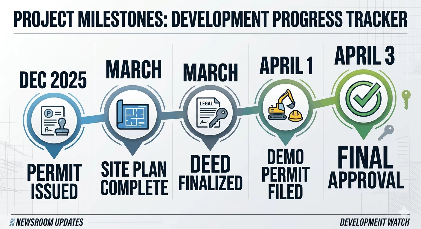 Timeline of project milestones from Dec 2025 to Apr 3, 2026 with icons for permit, site plan, deed, demolition permit, and final approval (checkmark).